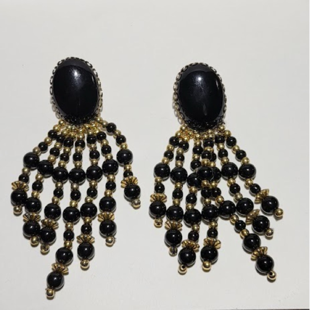 Vintage Chipita Inspired Gold Tone Black/Gold Bead Statement Drop/Dangle Studs